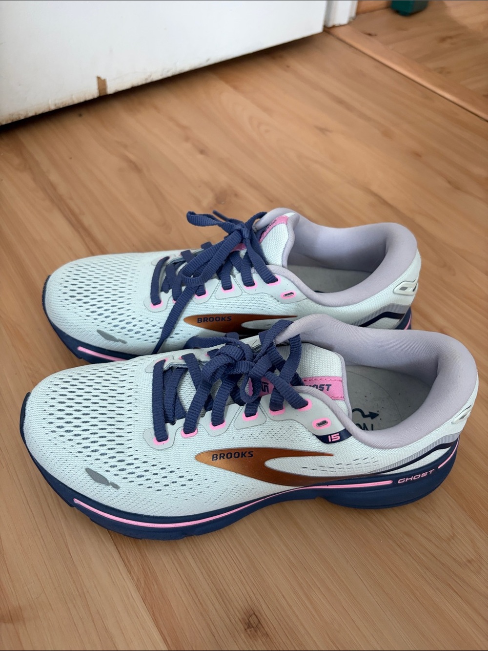 Brooks Women's Ghost 15 Running Shoes - Light Blue, Navy & Pink Accents